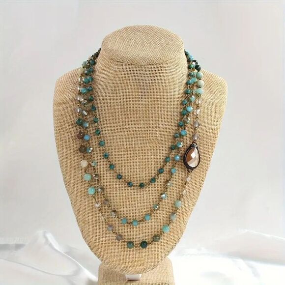 Multi-Layered Green Natural Stone & Glass Bead Necklace Boho-Chic Spring - Picture 1 of 4